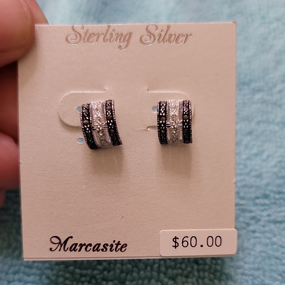 Kohl's Silver and Black Marcasite Huggie Earrings